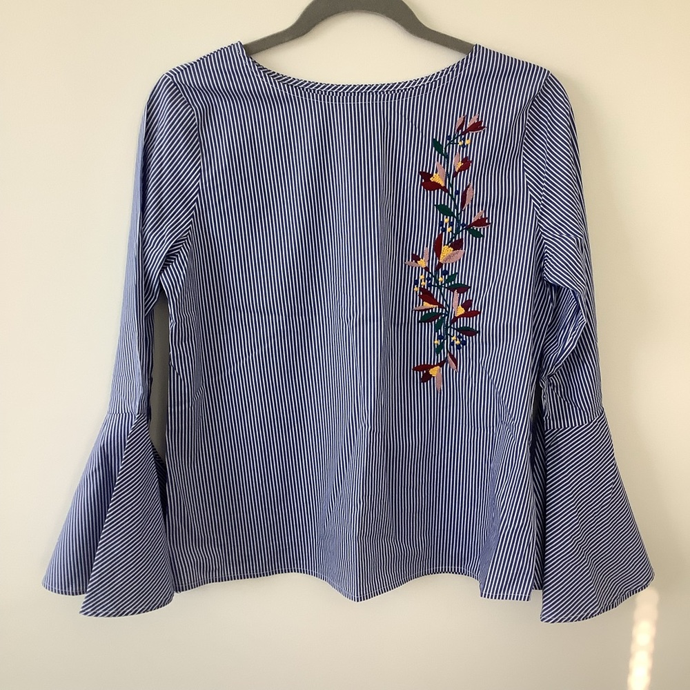 Floral embroidery blue white stripe blouse bell sleeve